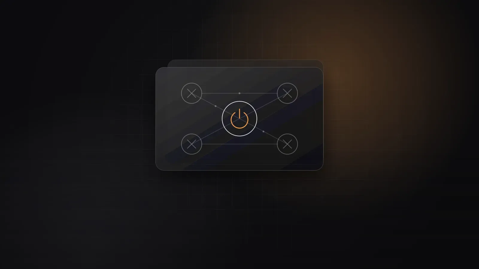 Bảng kính mờ với sơ đồ mạng gồm các router kết nối, nút nguồn màu cam ở giữa